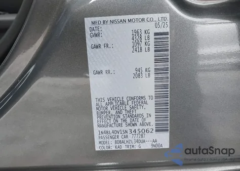 2025 Nissan Altima Sv Fwd из США, поврежденный, VIN 1N4BL4DV1SN345062